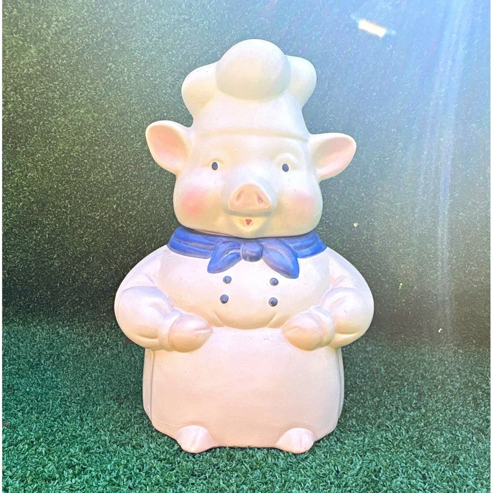 CKAO Pig Chef Ceramic Cookie Jar White Blue Pink Lift-Off Lid 11 in